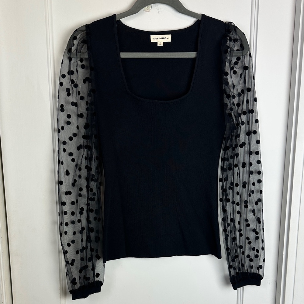 Eye Catching Black Blouse with Sheer Polka Dot Sleeves
